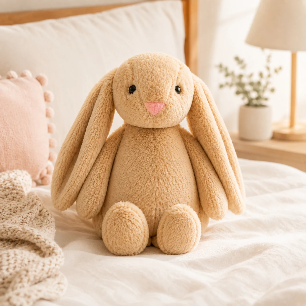 Weighted bunny in a cozy bedroom